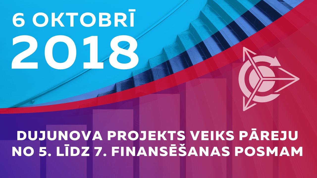 2018. gada 6. oktobrī Dujunova projekts veiks pāreju no 5. līdz 7. finansēšanas posmam