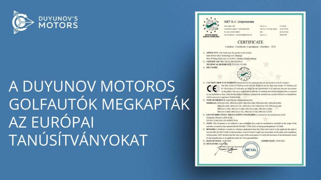 A Duyunov motorral rendelkező golfkocsik megkapták az európai tanúsítványokat