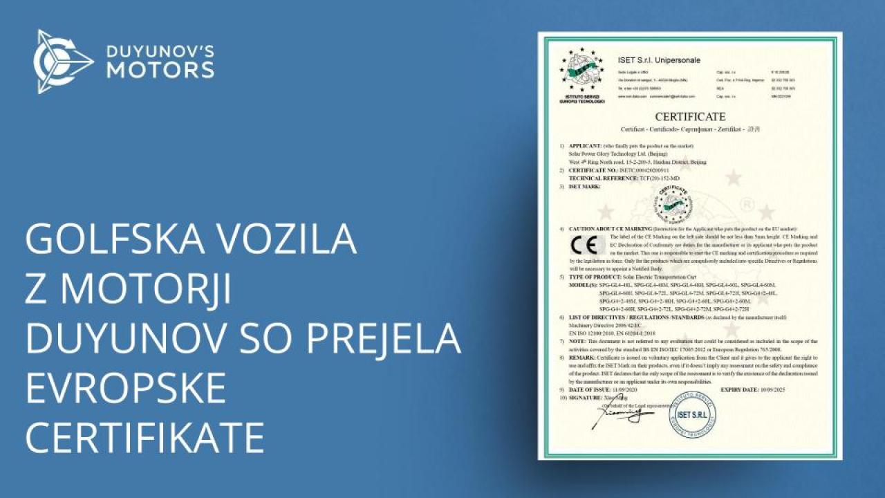 Golfska vozila z motorji Duyunov so prejela evropske certifikate