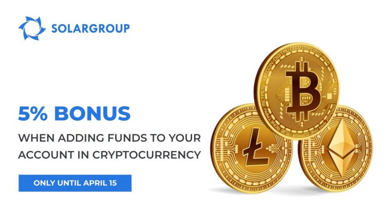 Add funds to your account in the back office using cryptocurrency and get +5 % bonus