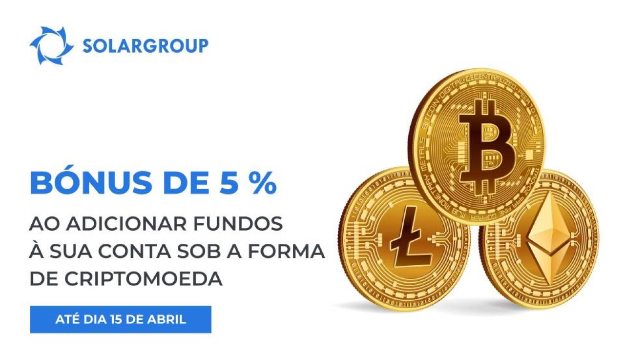 Adicione fundos à sua conta na área administrativa sob a forma de criptomoeda e receba um bónus de 5 %