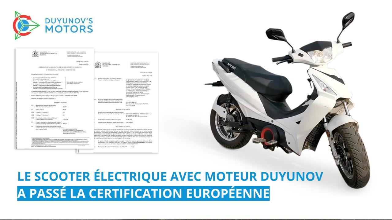 Le scooter électrique avec moteur duyunov a passé la certification européenne