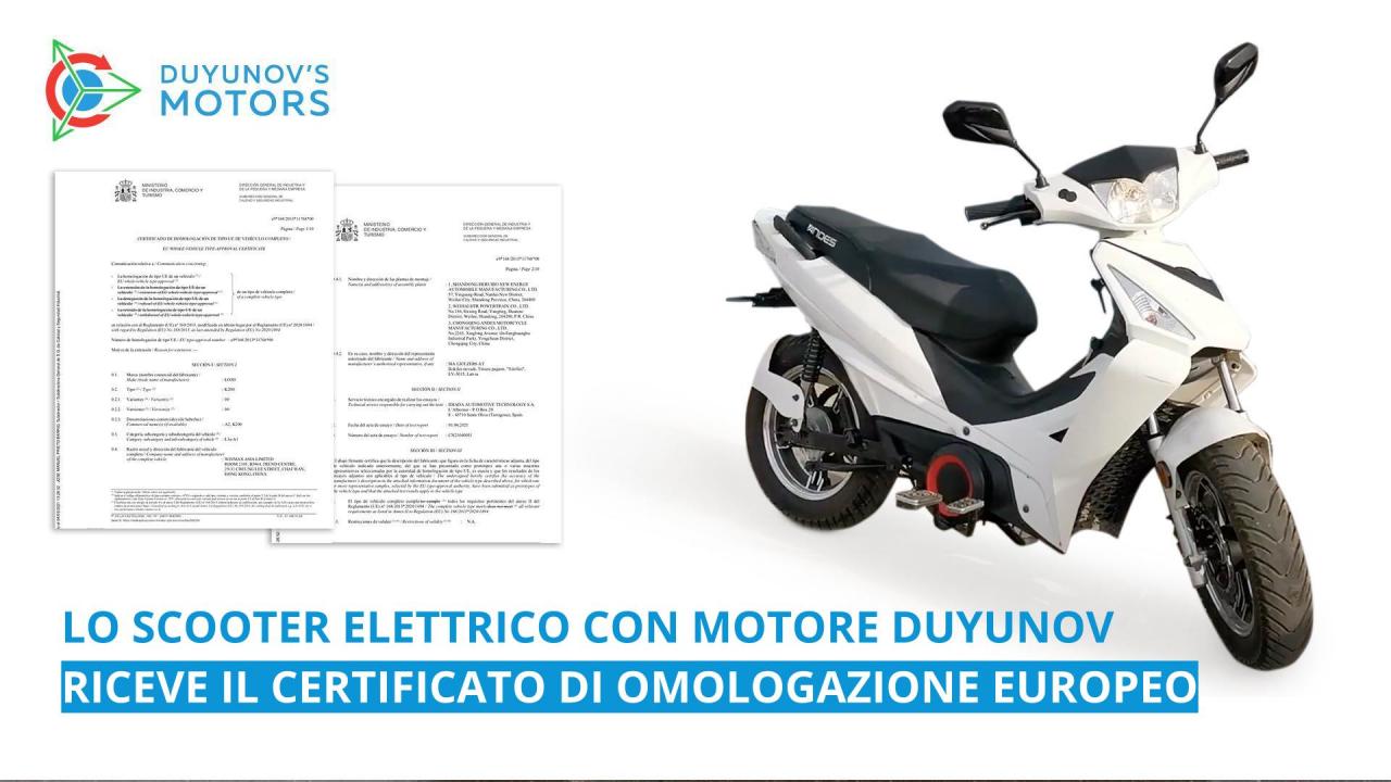 Lo scooter elettrico con motore Duyunov riceve il certificato di omologazione europeo.