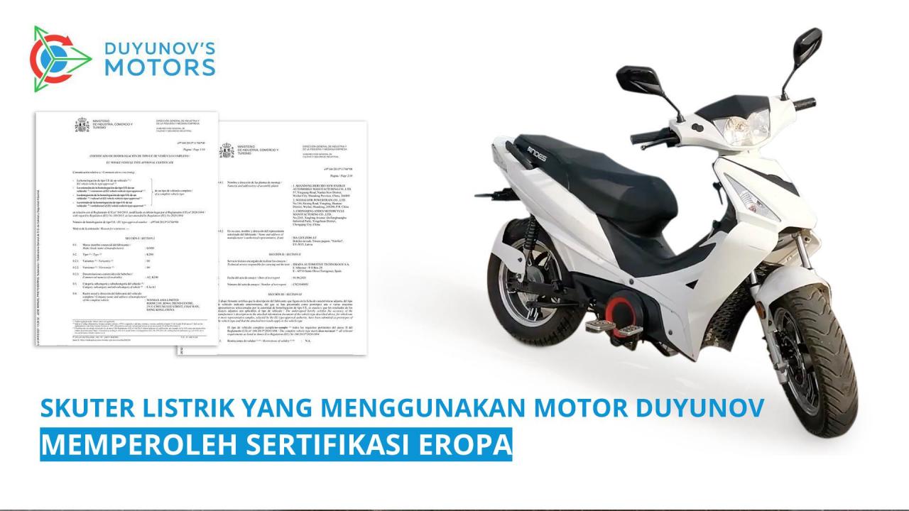 Skuter listrik yang menggunakan Motor Duyunov memperoleh sertifikasi Eropa