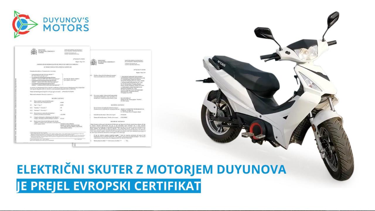 Električni skuter z motorjem Duyunova je prejel evropski certifikat