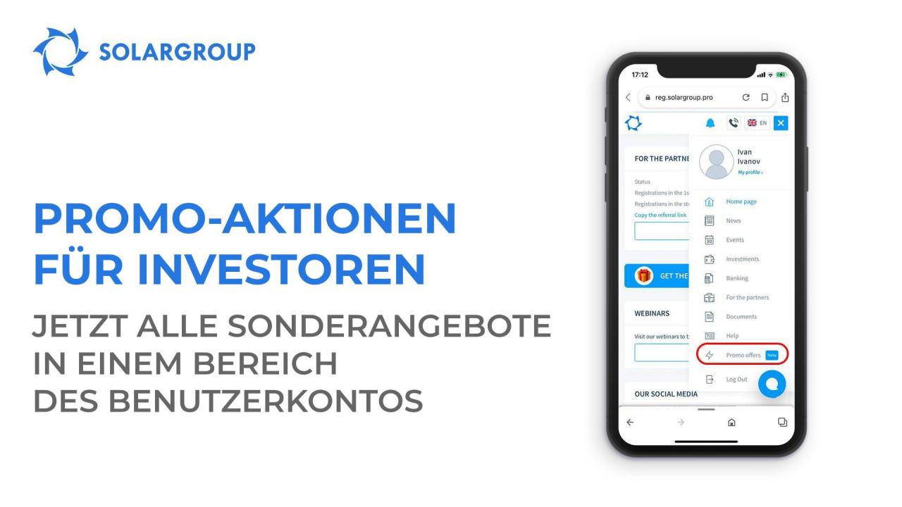 Alle Promo-Aktionen für Investoren in einem Menüpunkt: ein neuer Bereich "Promo-Aktionen für Investoren" im Benutzerkonto